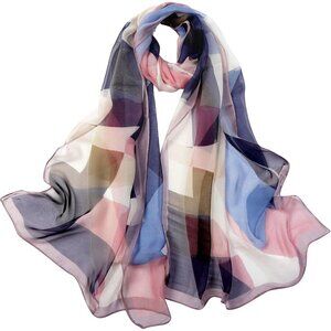 Women's Blue+pink Fashion Lightweight Head Scarf Floral Print Chiffon Scarves